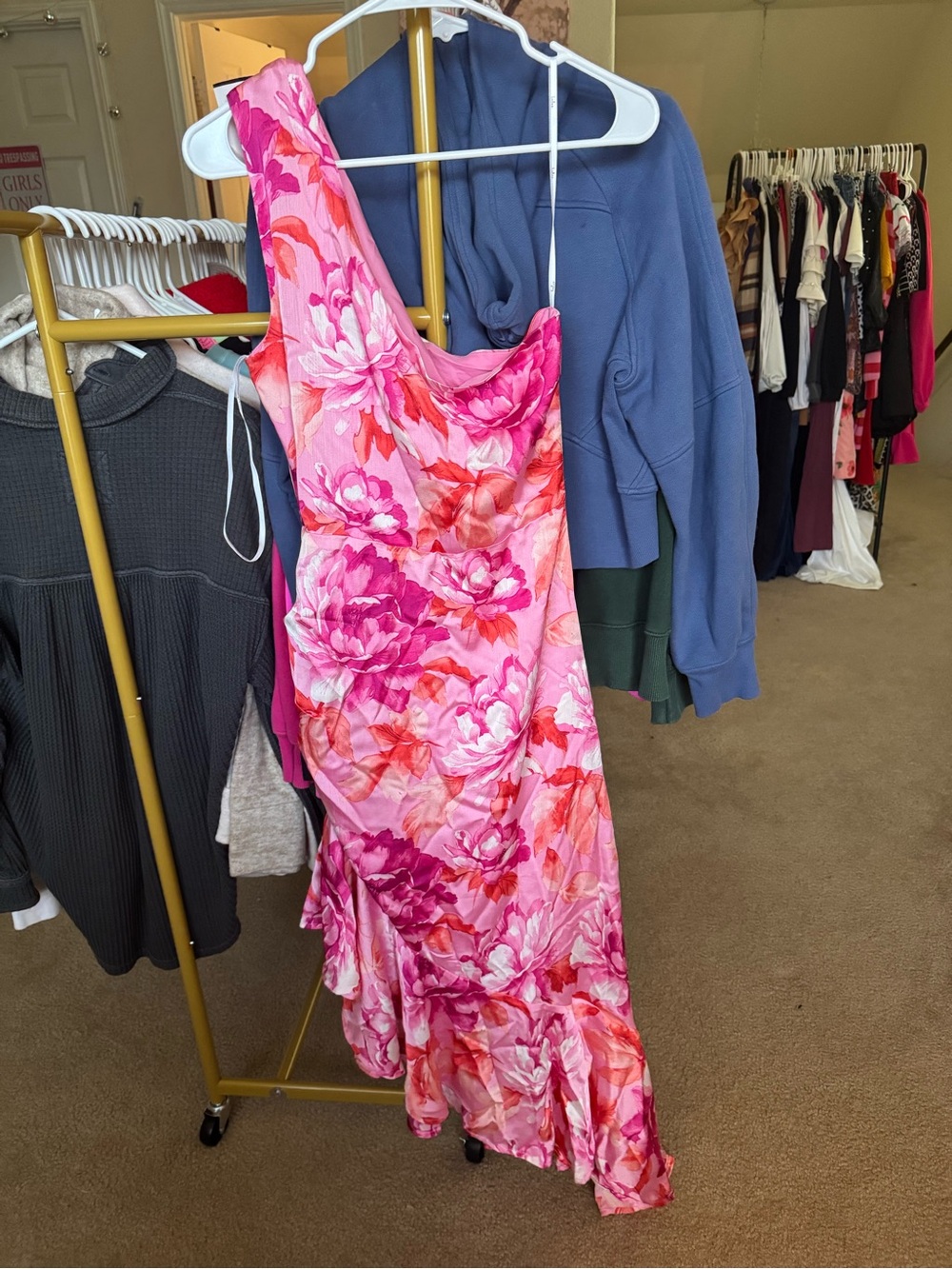 Lulu's Hot Pink & Coral Floral One-Shoulder Dress